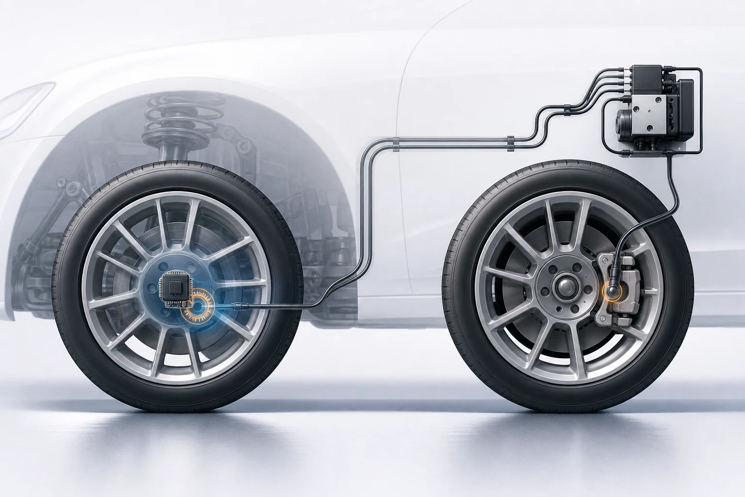 Illustrazione comparativa di una ruota con sensore di pressione e di un sistema basato su sensori di velocità delle ruote