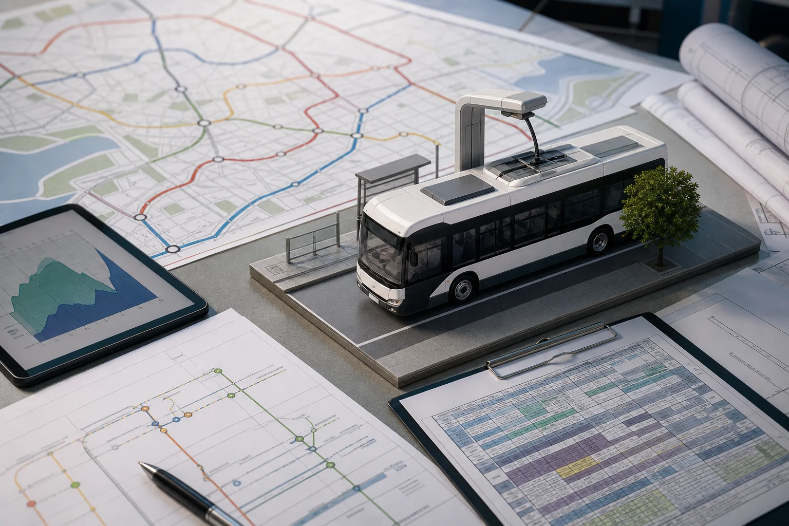 Urban route documentation, a service timetable and a scale model of an electric bus on a table