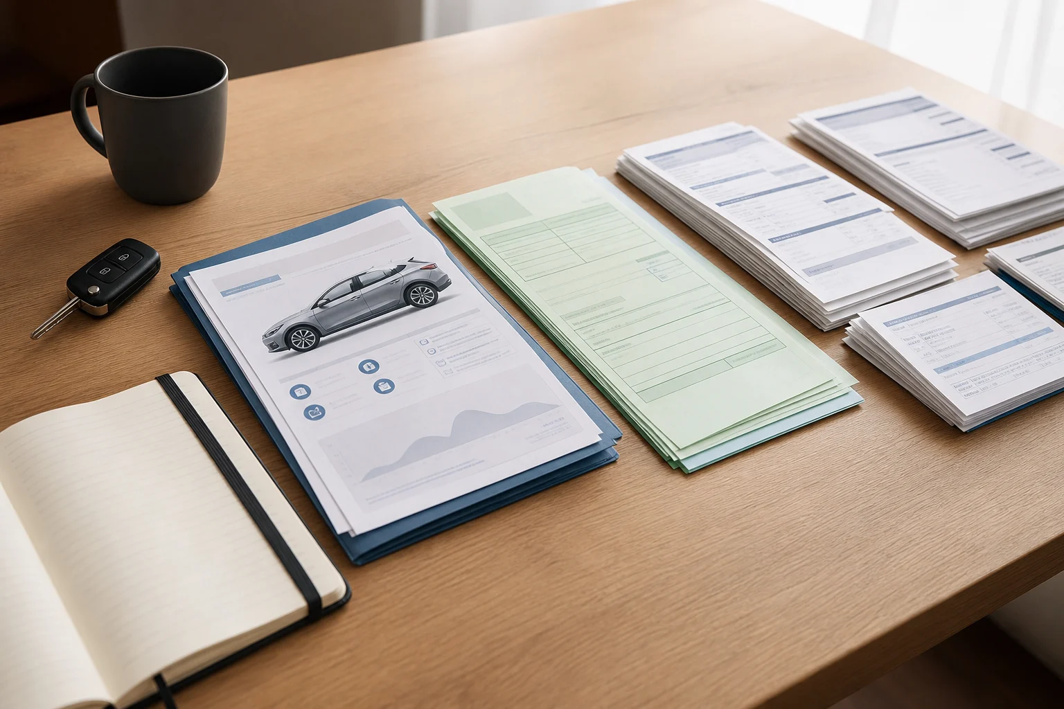 Documents du véhicule et factures d’atelier classés chronologiquement à côté d’une clé de voiture