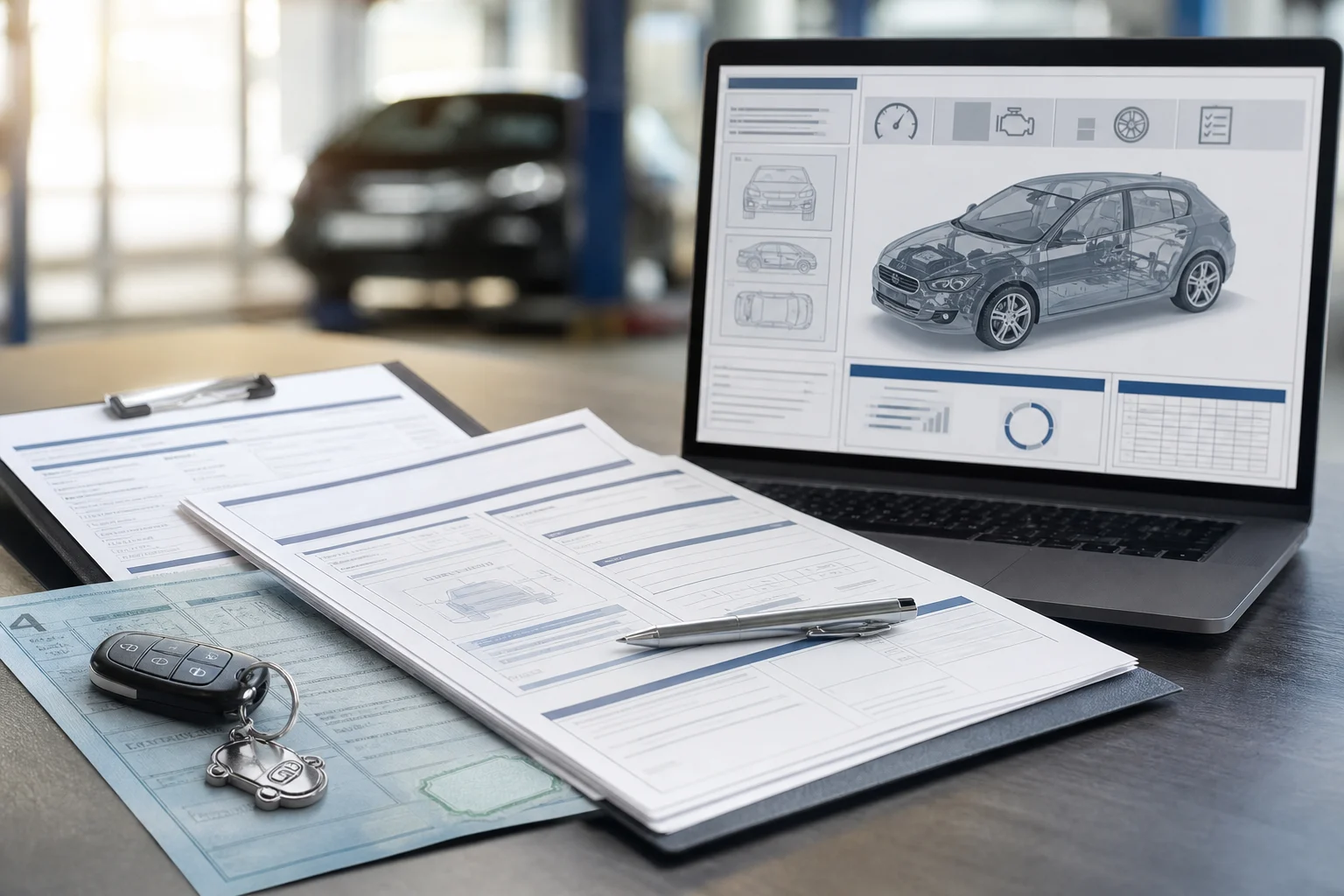 Documents automobiles, facture d’atelier et rapport sur le véhicule sur un écran